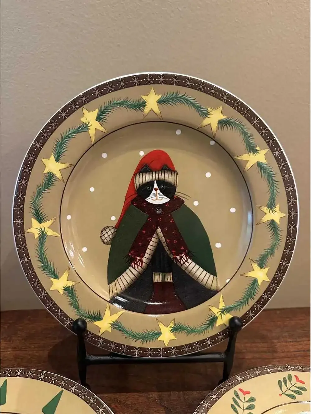 Vintage Oneida Sakura Fiddlestix Holiday Santa Hat Cats Salad Plate - Set of 2